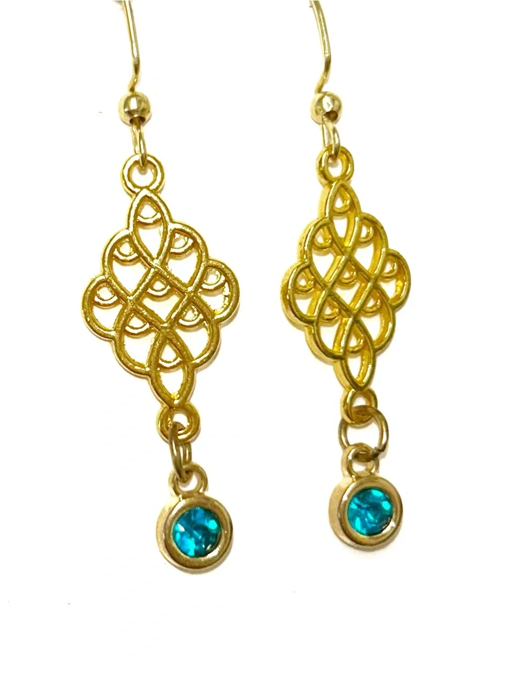 Gold Filigree Drop Earrings with Teal Gemstone
